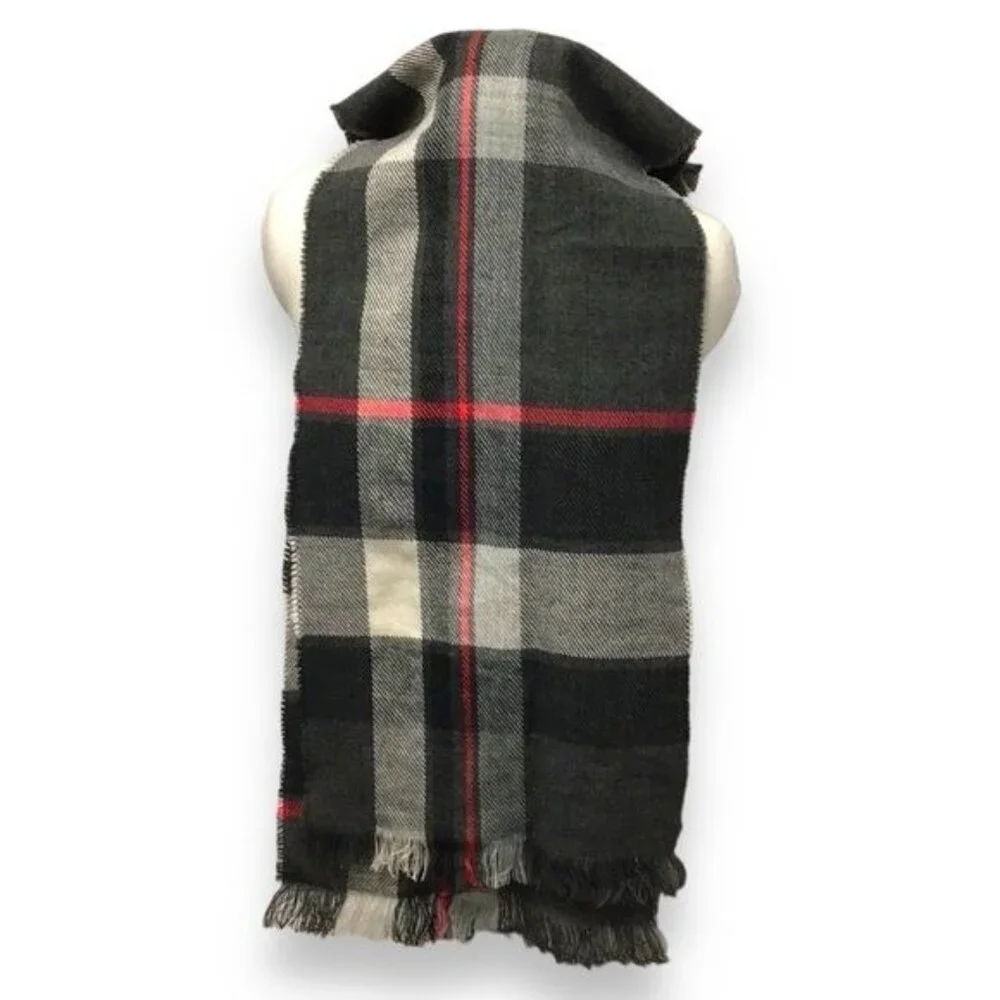 Goodfellow & Co. Mens Raw Edge Plaid Scarf with Fringe, Gray, OSFA